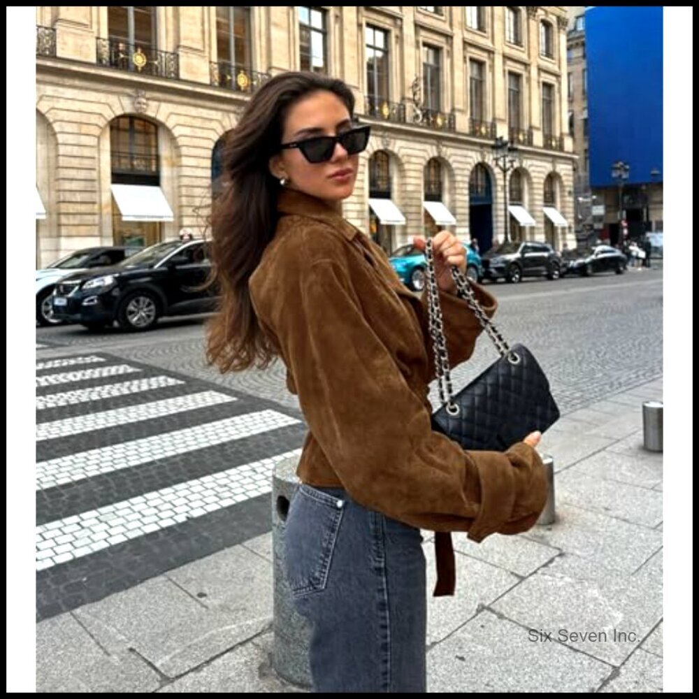 Faux Suede Collar Moto Jacket Long Sleeve Oversized Casual Fit Coat - Picture 4 of 5